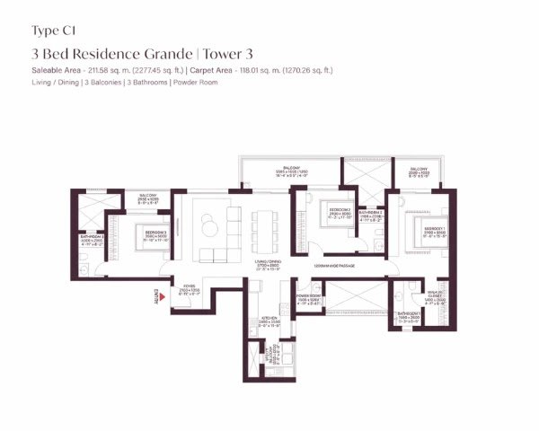 SOBHA Crescent 3 BHK Floor Plan